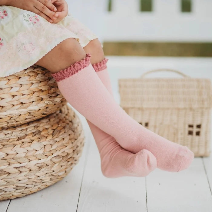 Blush + Mauve Lace Top Knee High Socks | Little Stocking Co