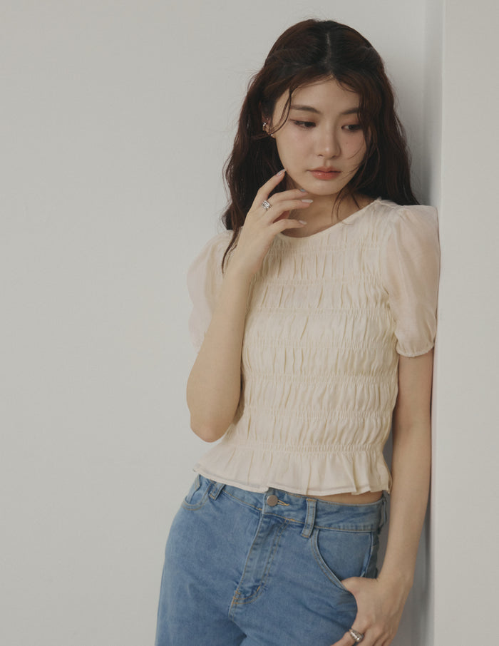 Cloe Shirred Puff Sleeve Top in Cream
