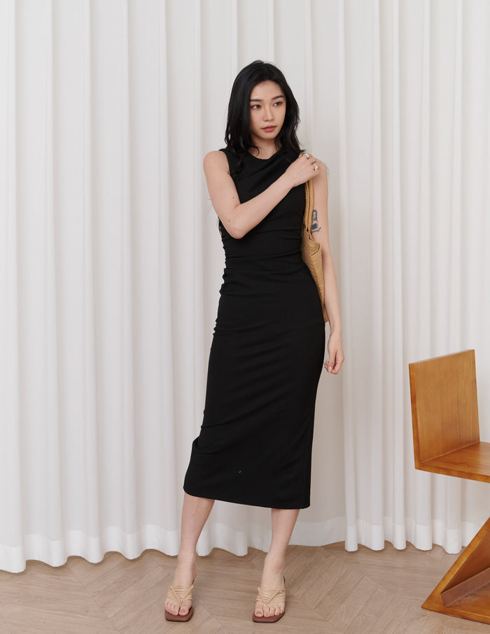 Elodie Ruched Midi Dress in Black