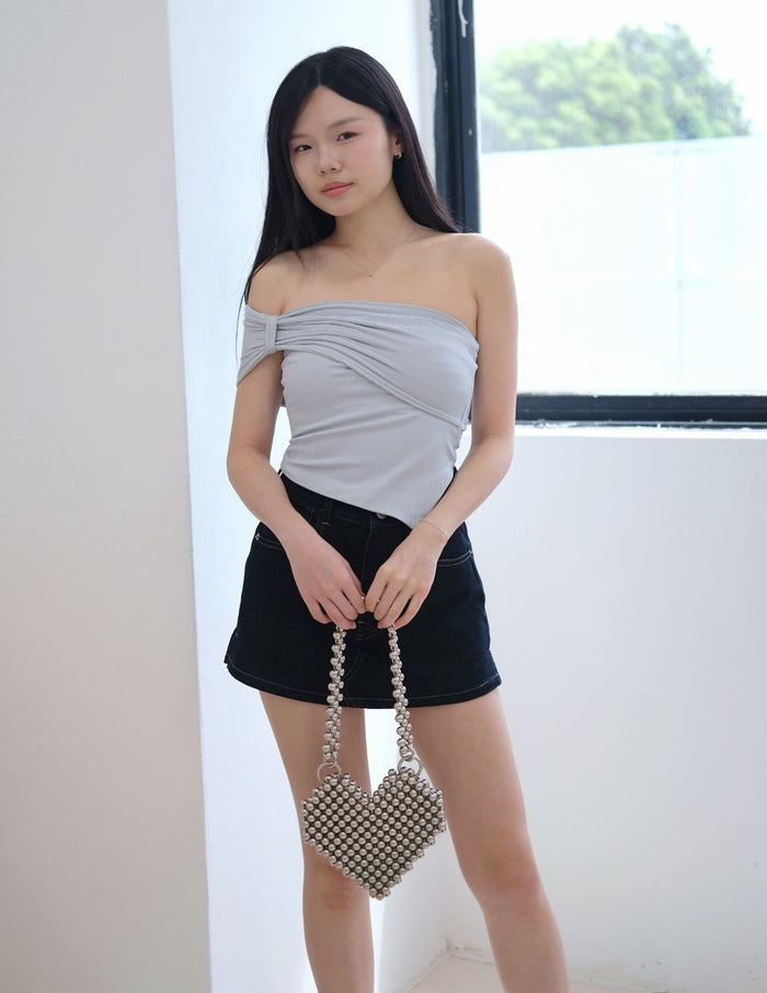 Tyla Padded One-Shoulder Top in Grey Blue