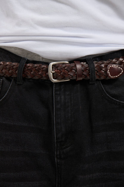 Leather Belt Thin Weave Dark Brown