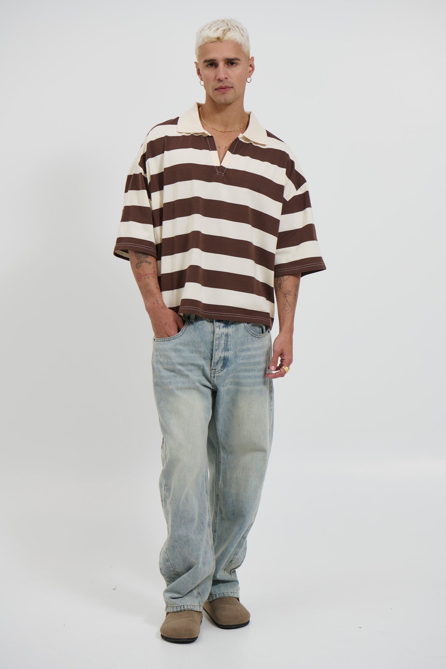 Jersey Crop Polo Stripe Choc