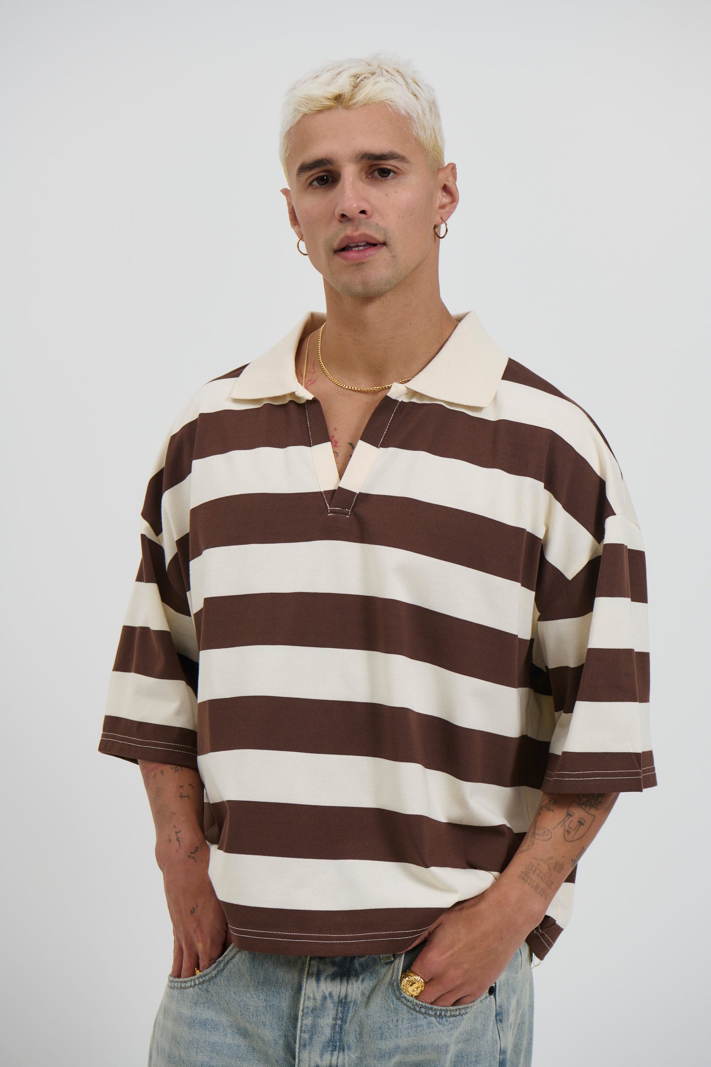 Jersey Crop Polo Stripe Choc