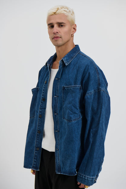 Drop Shoulder Denim Shirt Dark Blue
