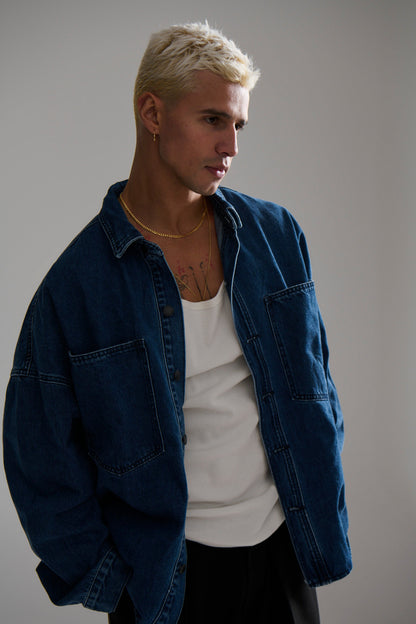 Drop Shoulder Denim Shirt Dark Blue
