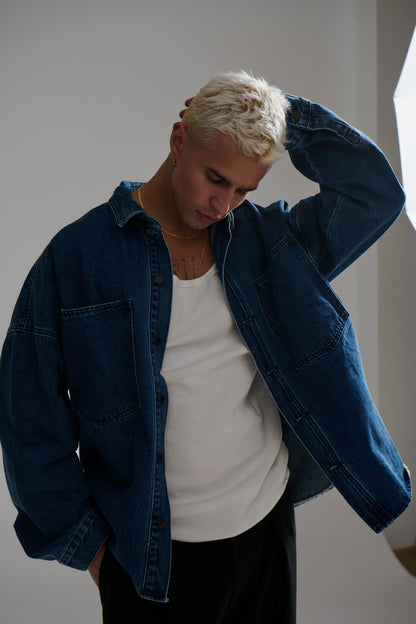 Drop Shoulder Denim Shirt Dark Blue
