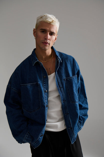 Drop Shoulder Denim Shirt Dark Blue