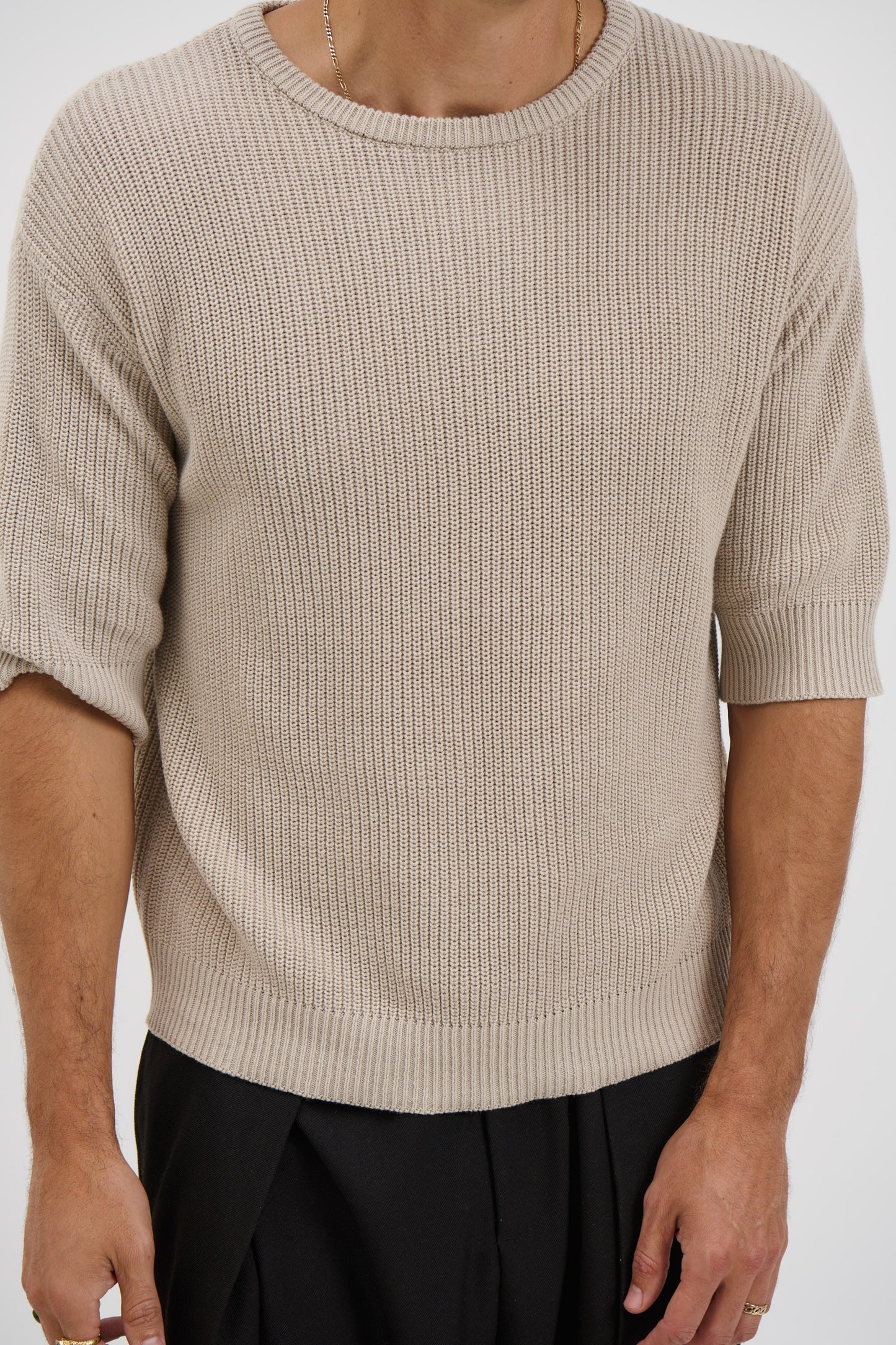 Drop Sleeve Knitted Tee Stone - FINAL SALE