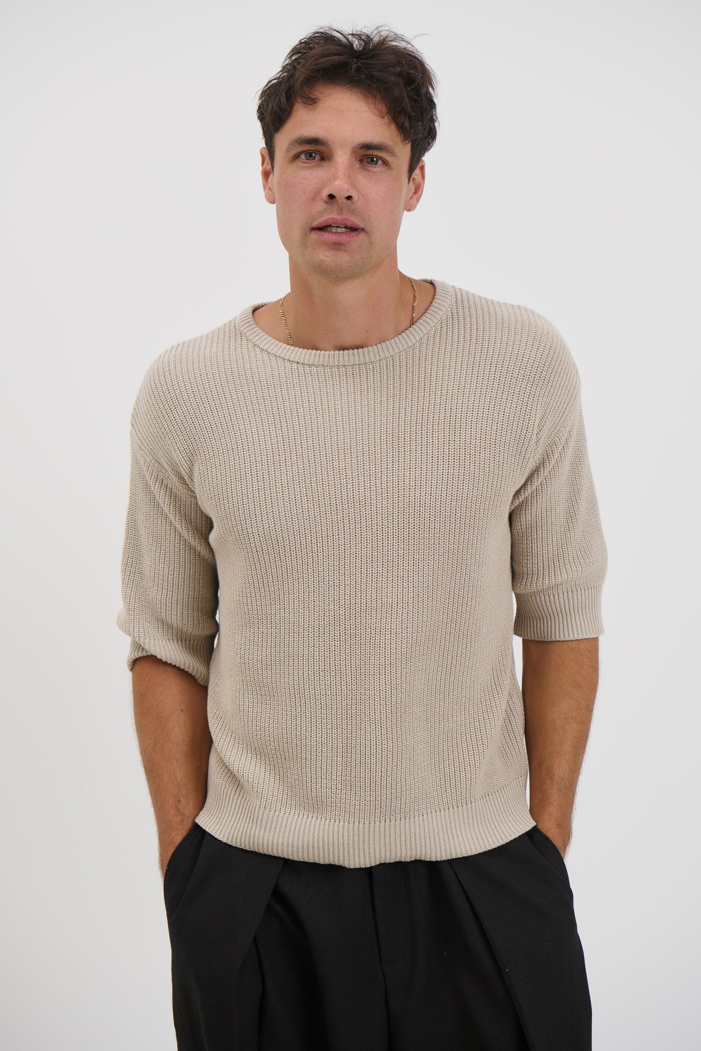 Drop Sleeve Knitted Tee Stone - FINAL SALE
