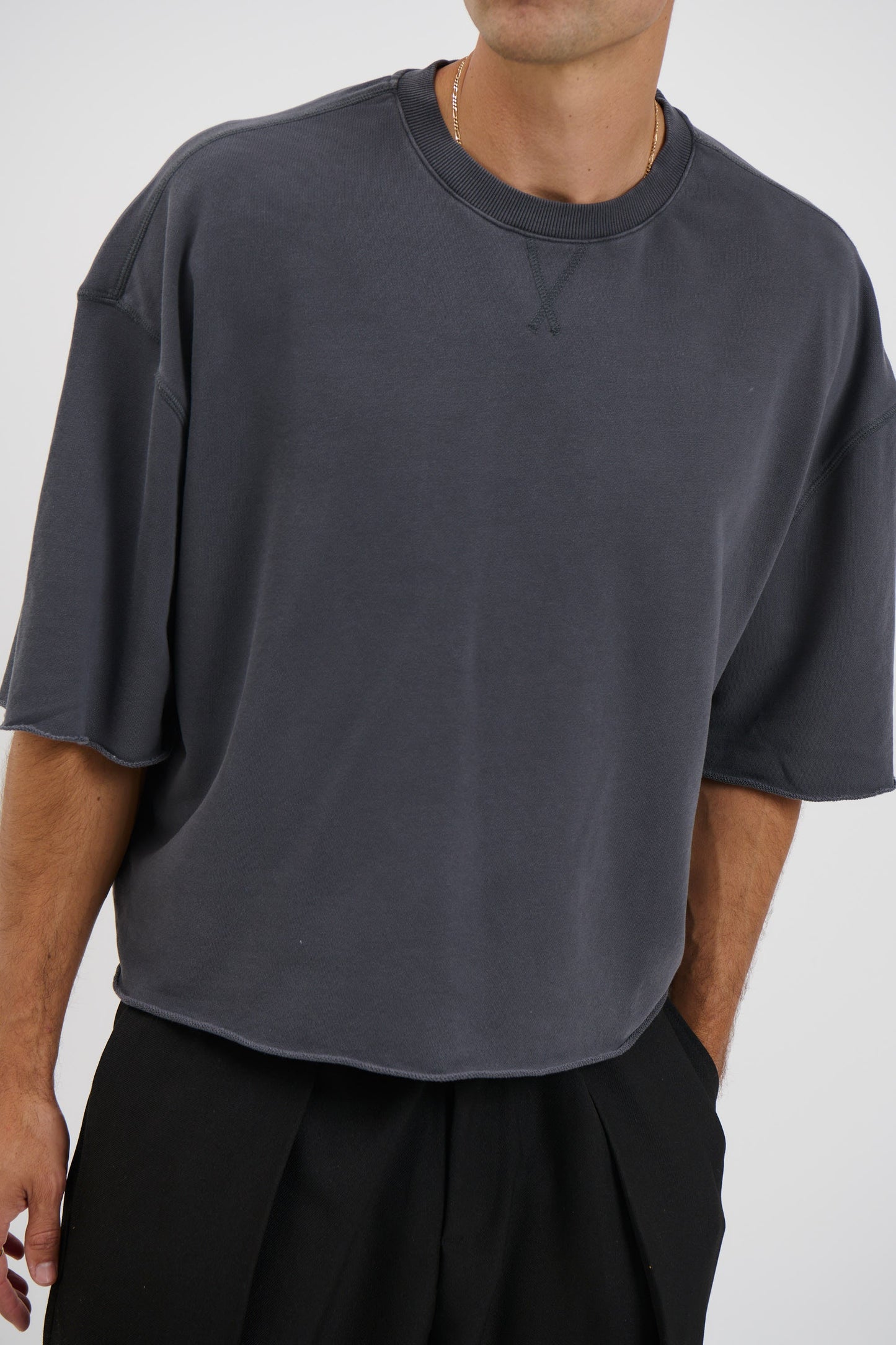 Crop Box Fleece Tee Charcoal