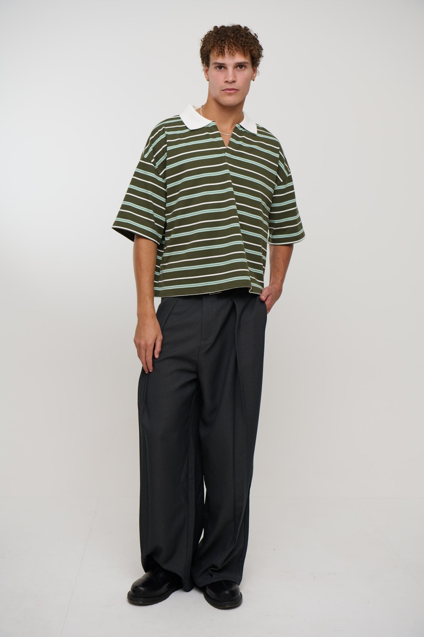 Jersey Crop Polo Olive Stripe