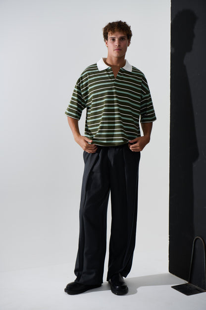 Jersey Crop Polo Olive Stripe