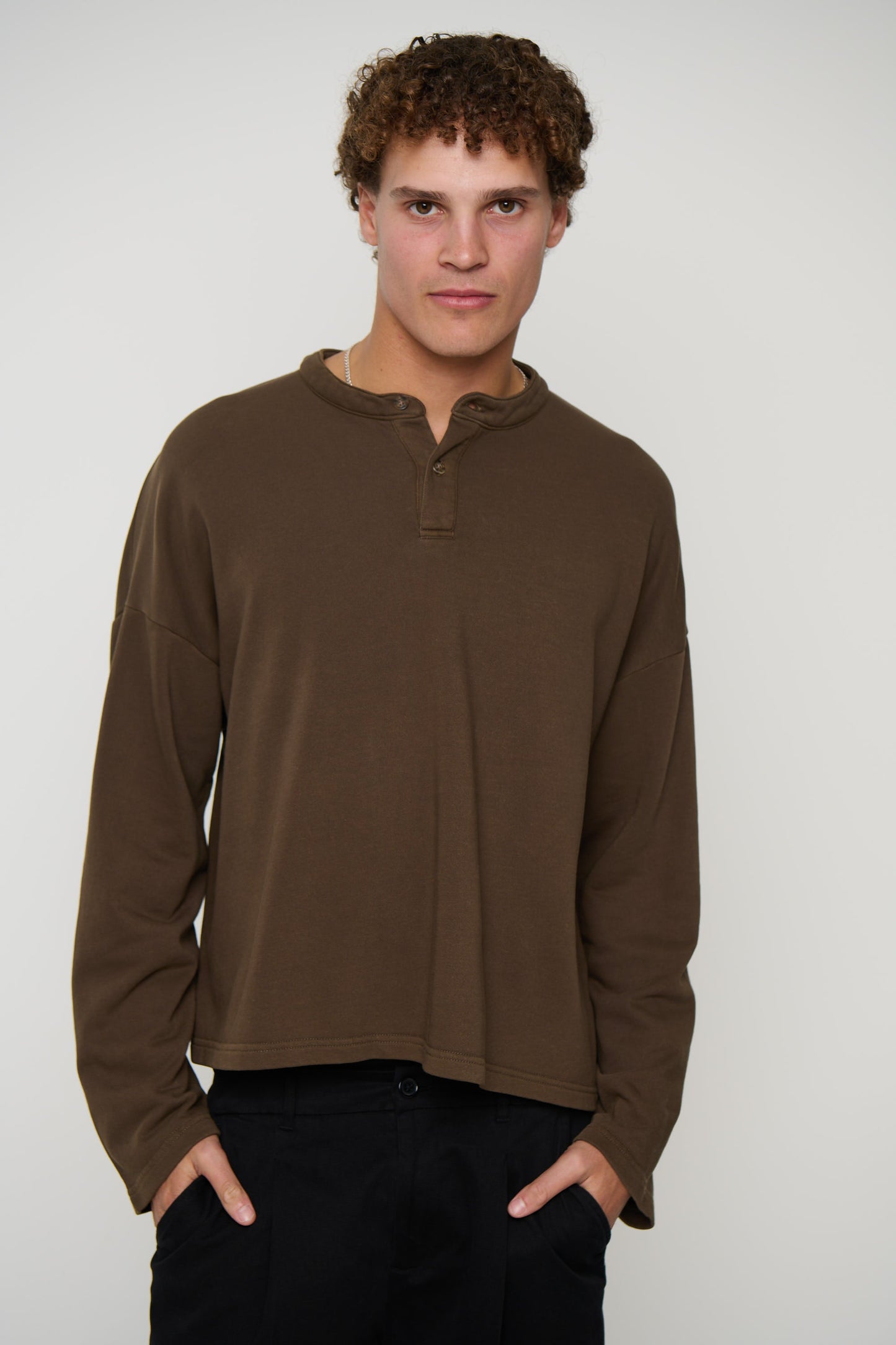 Fleece Crop Henley Choc