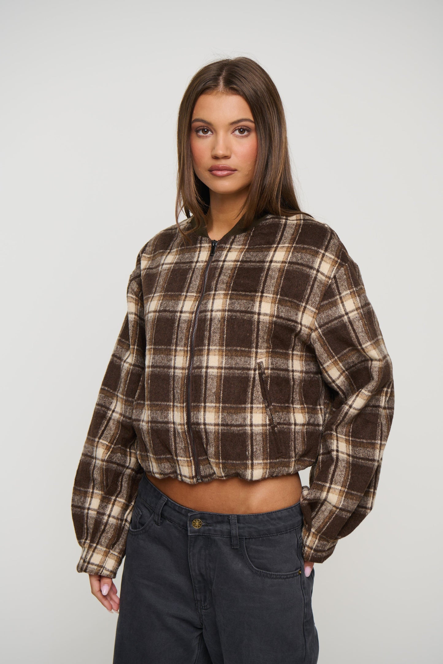 Clara Bomber Brown Check