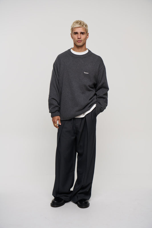 Embroid Crew Neck Knit Dark Grey