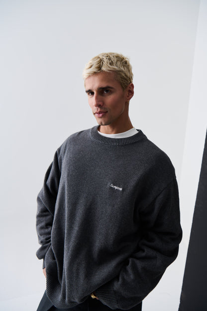 Embroid Crew Neck Knit Dark Grey