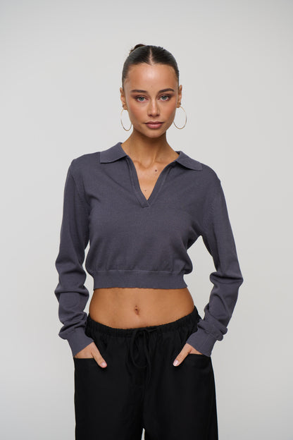 Aimee Long Sleeve Polo Dark Grey