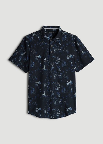 Coastal Perforated Polo Shirt for Tall Men in Black and Violet Floral