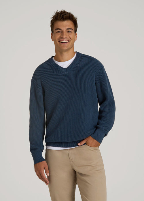 Ribbed Knit V-Neck Sweater for Tall Men in Navy Blue