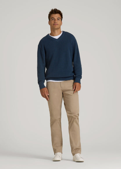 Ribbed Knit V-Neck Sweater for Tall Men in Navy Blue