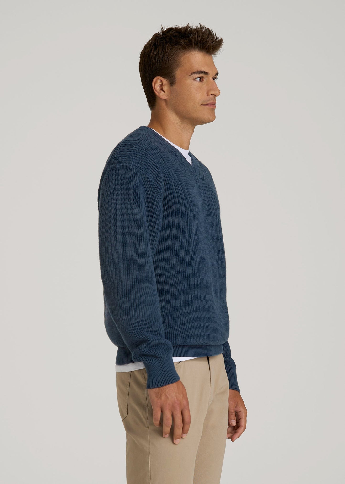 Ribbed Knit V-Neck Sweater for Tall Men in Navy Blue