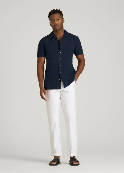 Seersucker Camp Collar Short Sleeve Shirt for Tall Men in Navy Blue