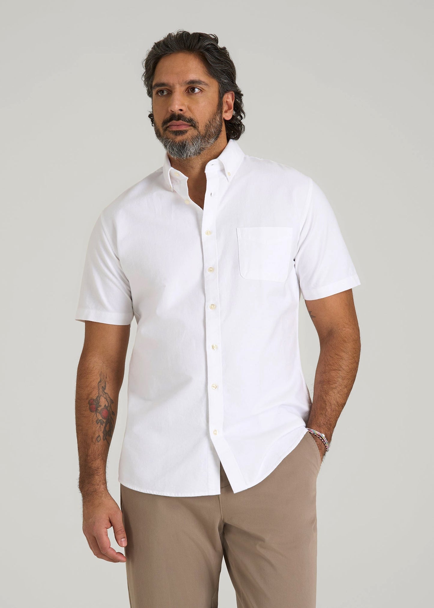 Short Sleeve Oxford Button Shirt For Tall Men in White