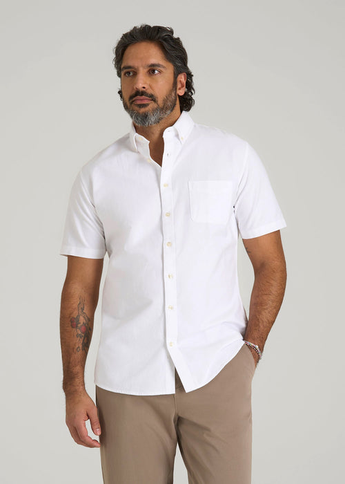 Short Sleeve Oxford Button Shirt For Tall Men in White