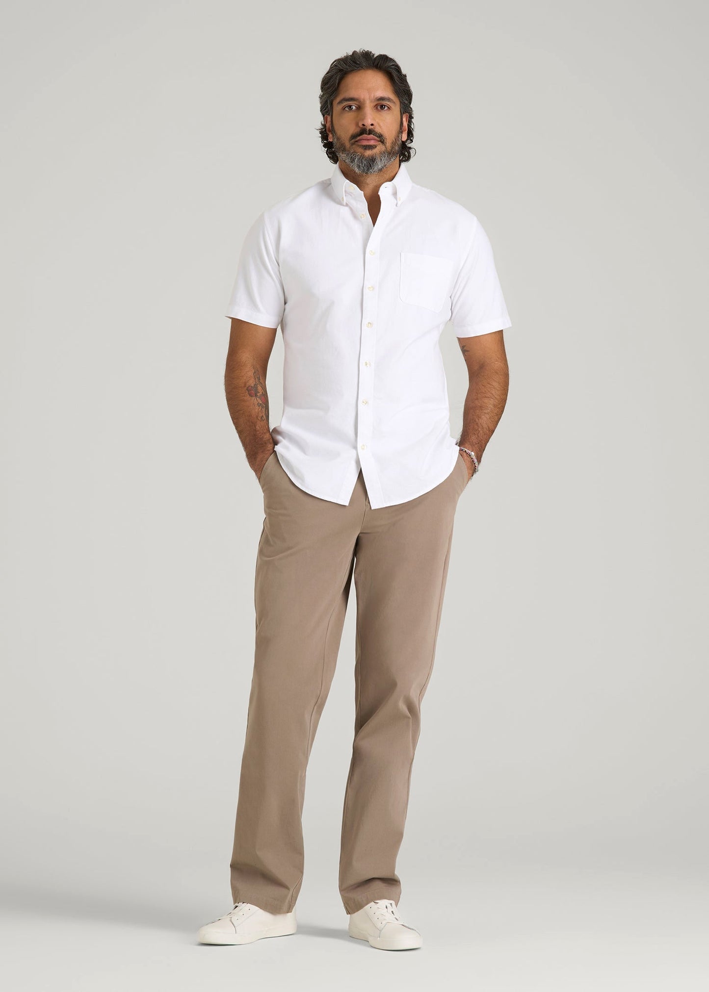 Short Sleeve Oxford Button Shirt For Tall Men in White