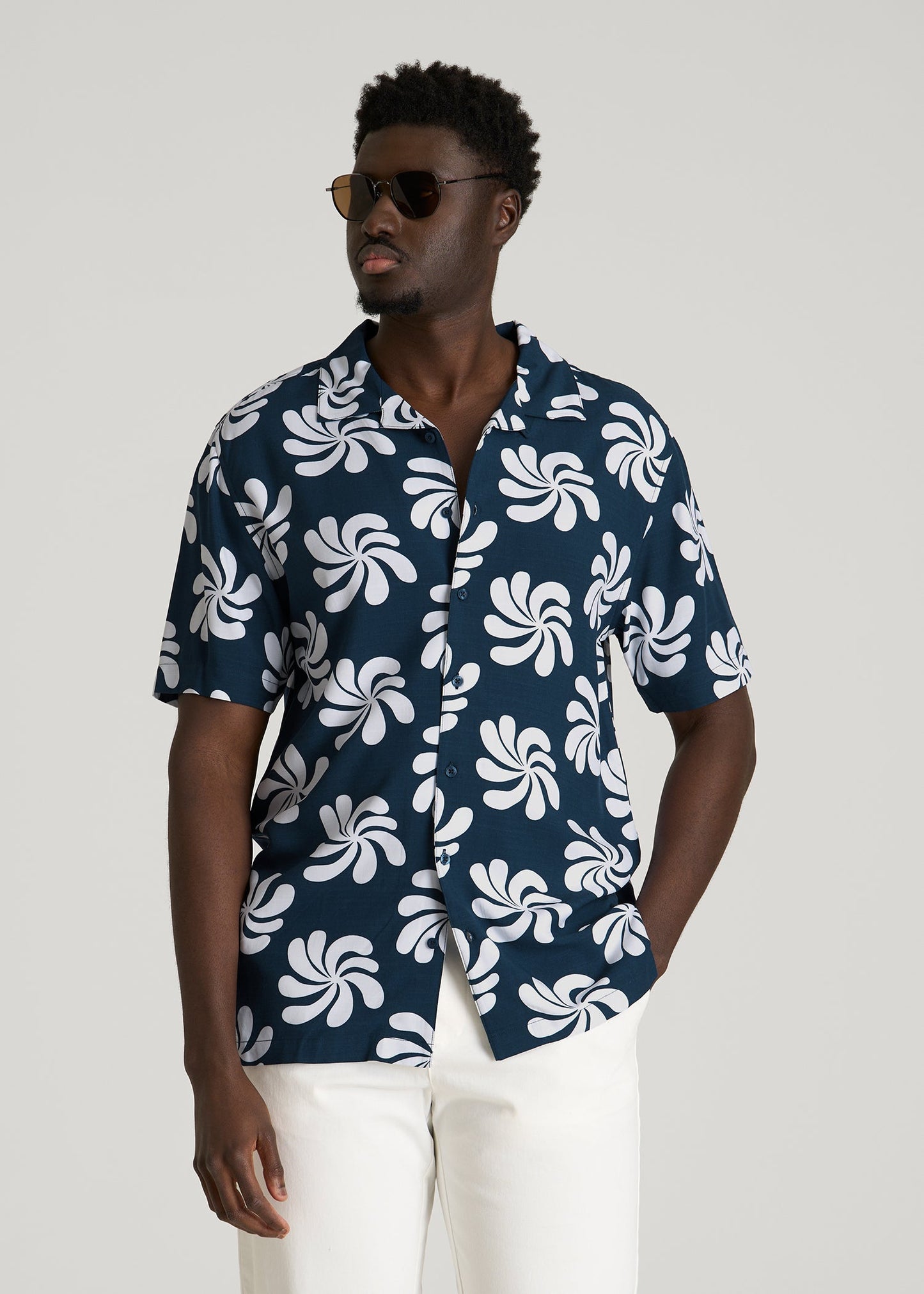 Short Sleeve Resort Shirt for Tall Men in Navy Fantasy Floral