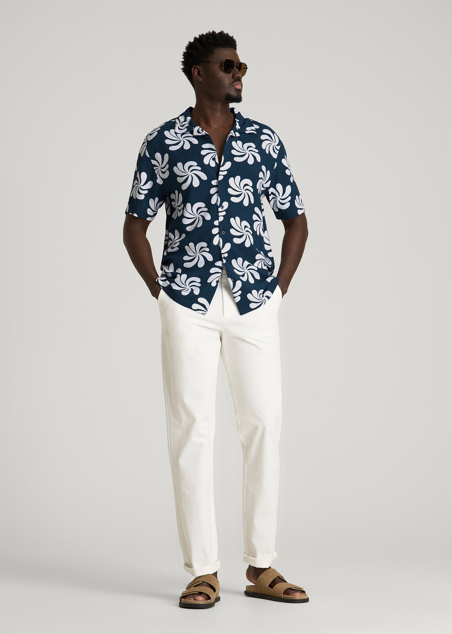 Short Sleeve Resort Shirt for Tall Men in Navy Fantasy Floral