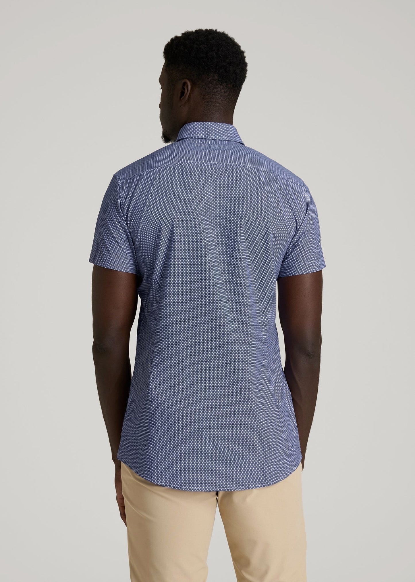 Short Sleeve Traveler Stretch Button Shirt for Tall Men in Royal Blue Geometric