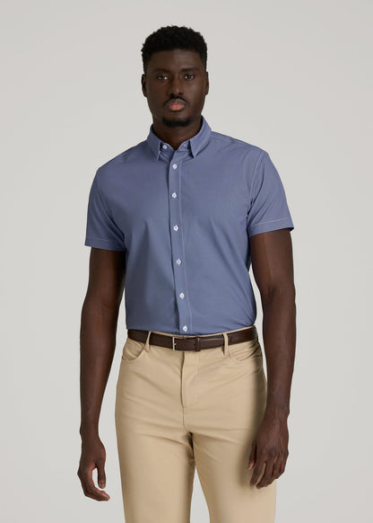 Short Sleeve Traveler Stretch Button Shirt for Tall Men in Royal Blue Geometric