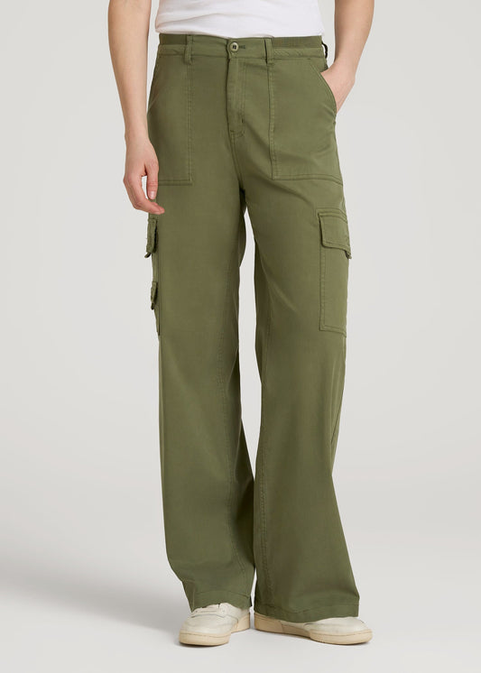 Garment Dyed Wide Leg Cargo Pants for Tall Women in Bright Olive