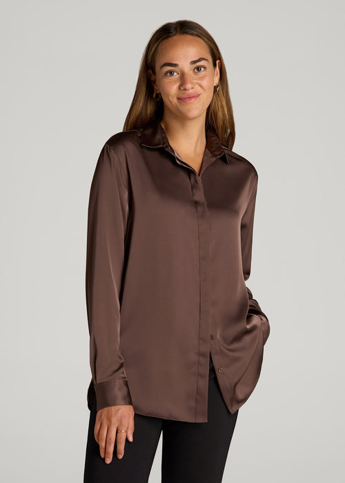 Relaxed Button-Up Blouse for Tall Women in Chocolate Mocha