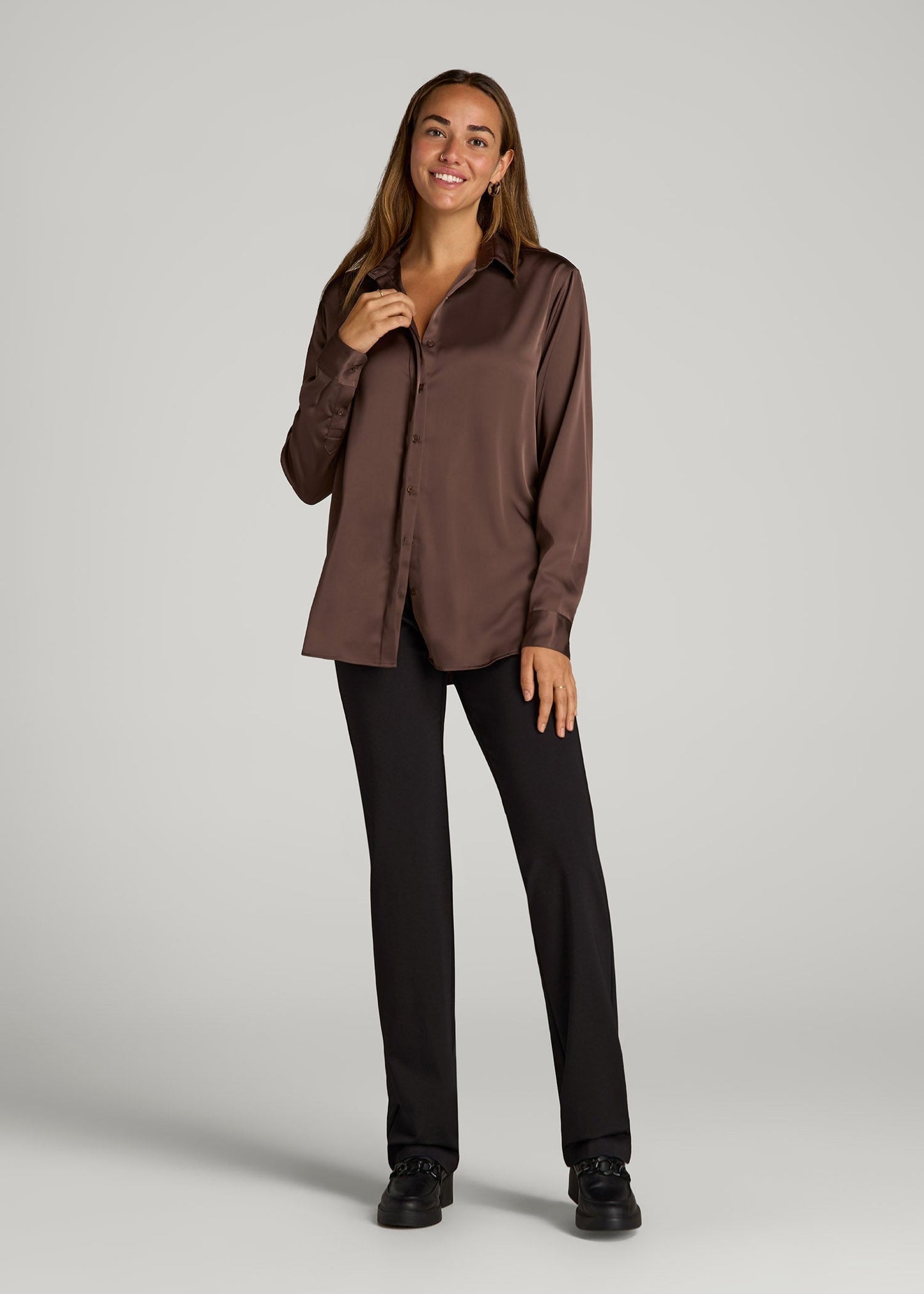 Relaxed Button-Up Blouse for Tall Women in Chocolate Mocha