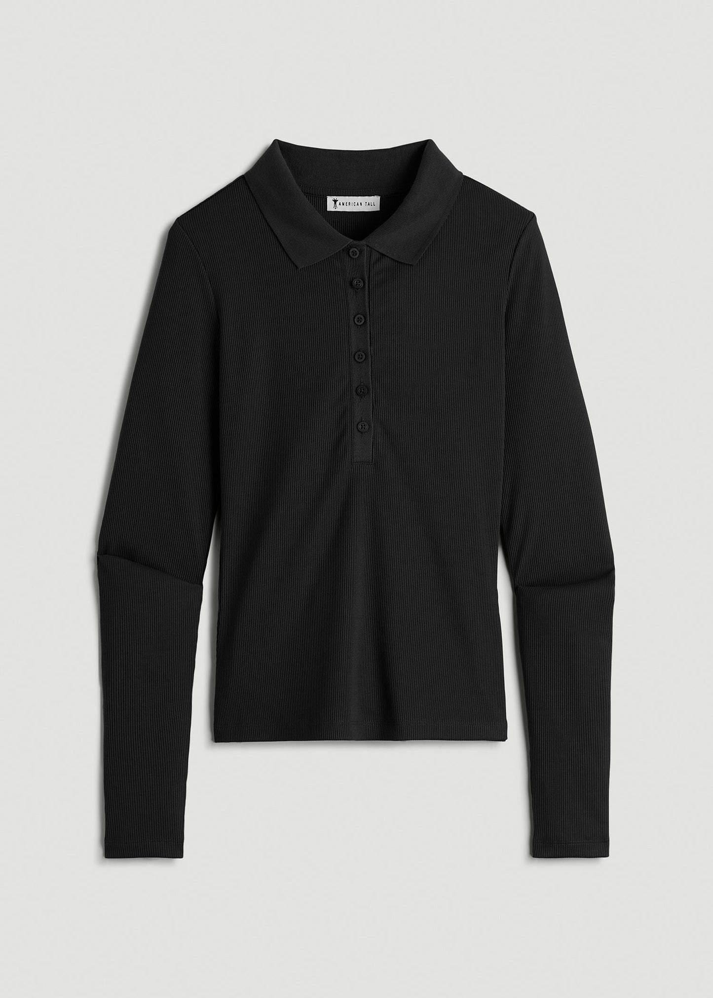 Ribbed Knit Long Sleeve Polo for Tall Women in Deep Black