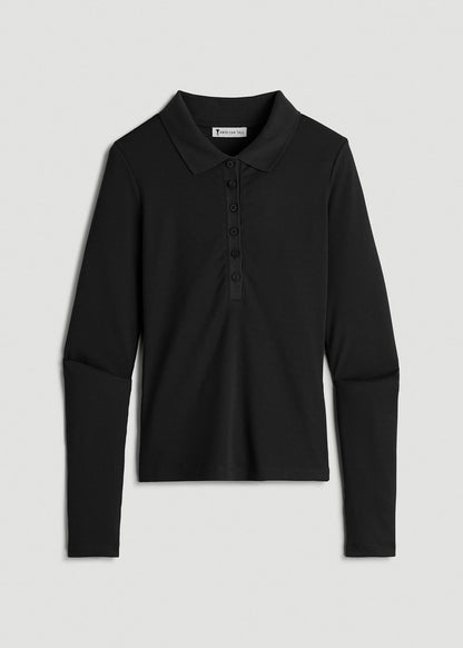 Ribbed Knit Long Sleeve Polo for Tall Women in Deep Black