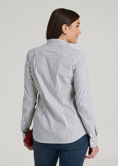 Slim Fit Button Up Shirt for Tall Women in Grey and White Stripe