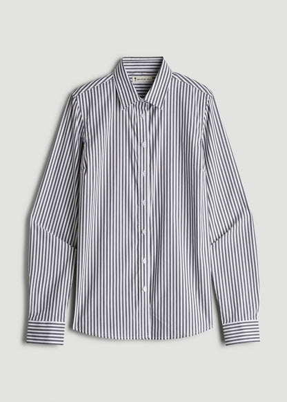 Slim Fit Button Up Shirt for Tall Women in Grey and White Stripe