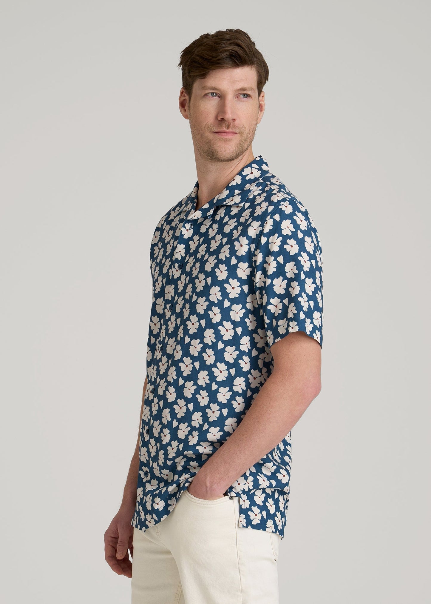 Short Sleeve Resort Shirt for Tall Men in Bright Blue Floral