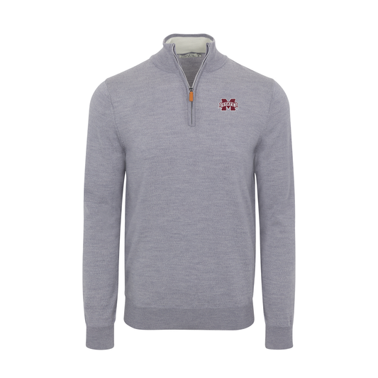 Mississippi State Grey Melange Cashmere Touch Australian Merino Quarter Zip Sweater