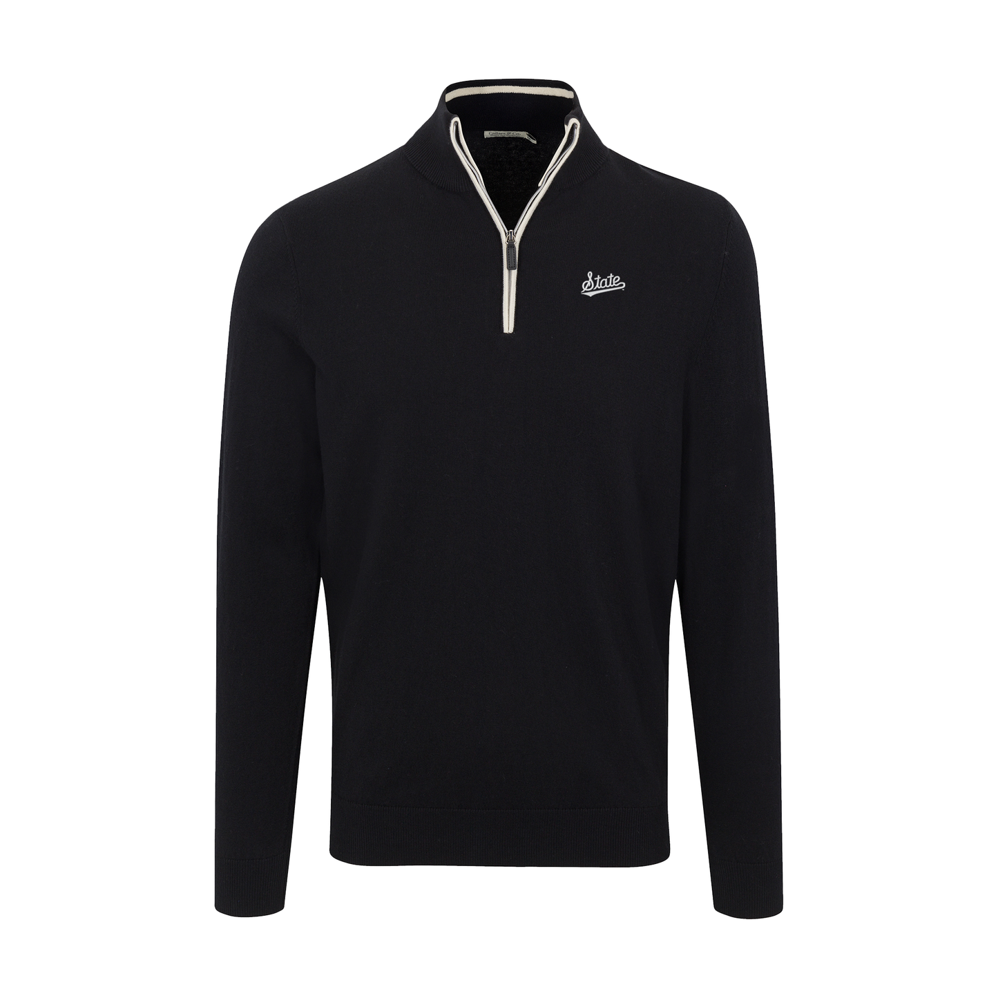 Mississippi State Black with White Trim Luxury Touch Cotton and Cashmere Quarter Zip Sweater