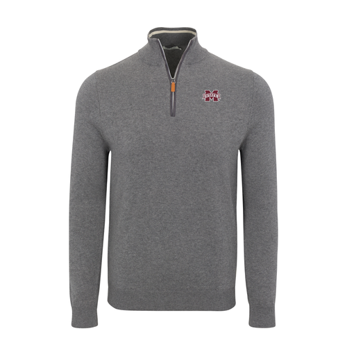 Mississippi State Grey with Grey Trim Luxury Touch Cotton and Cashmere Quarter Zip Sweater