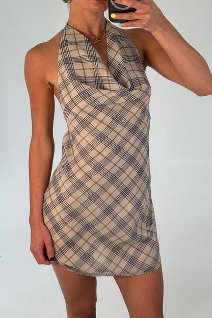 Banks Halter Mini Dress Beige Plaid