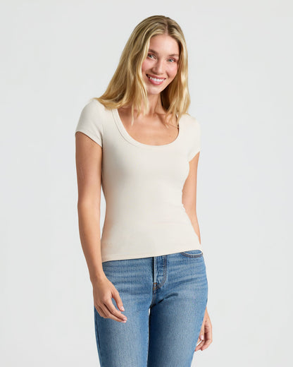 Womens Oatmeal Ribbed U-Neck Tee 3-Pack