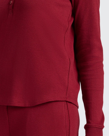 Womens Dark Maroon Waffle Long Sleeve Boxy Henley