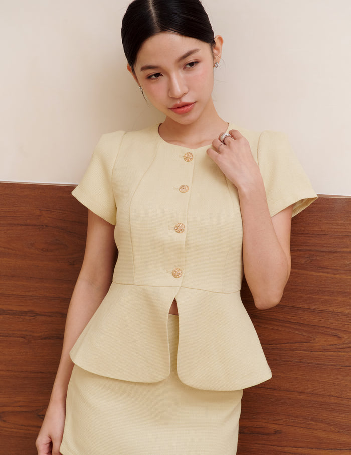 Amara Tweed Peplum Top in Butter Yellow