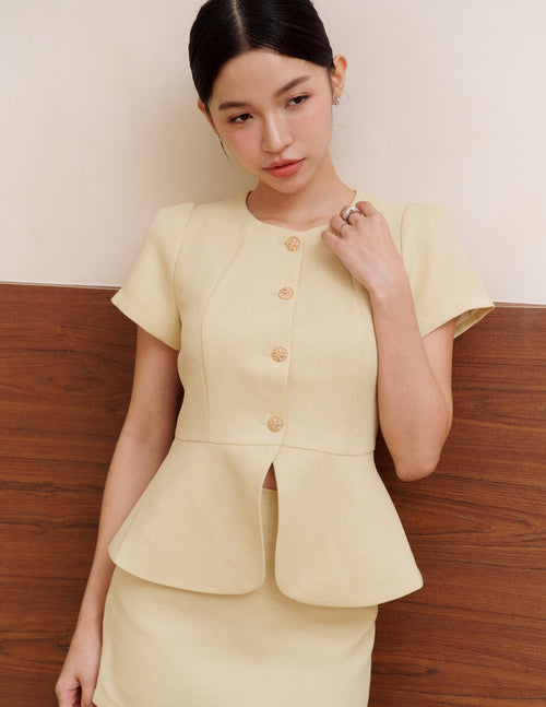 Amara Tweed Peplum Top in Butter Yellow