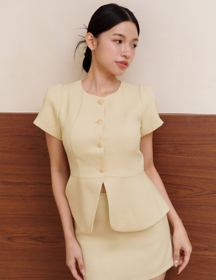 Amara Tweed Peplum Top in Butter Yellow